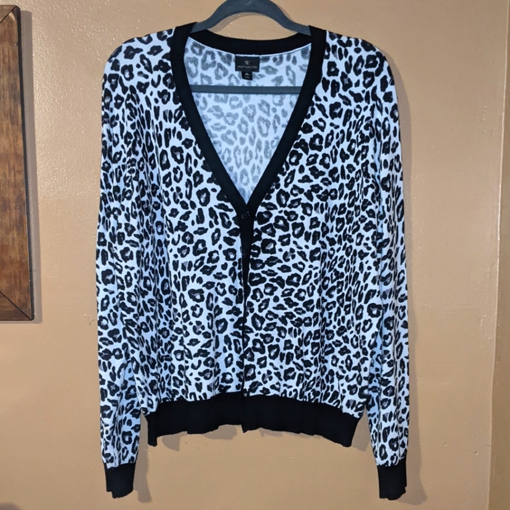 Worthington Leopard Print Button Cardigan Black & White Women's XL